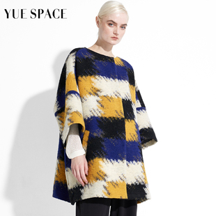 yuespace羊毛大衣时尚格子女，毛呢外套秋冬圆领，中长款休闲七分袖