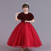 圣诞节女童网纱蓬蓬长裙公主裙，主持演出礼服晚宴红色短袖连衣裙