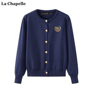 拉夏贝尔/La Chapelle秋季英伦风撞色刺绣徽章针织开衫女毛衣