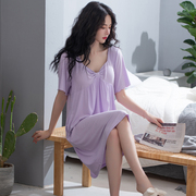 性感睡裙女夏季莫代尔，短袖中裙带胸垫诱惑时尚，紫色纯欲风女连衣裙