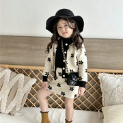 韩国童装女童小香风，毛衣套装2024春女宝，洋气花朵开衫半身裙两件套