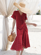 NYANSTUDIO法式优雅长袖桔梗裙不规则复古收腰红色波点连衣裙