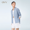 OVV Outlet 春夏女高支亚麻镂空花边复古撞色长袖休闲衬衫