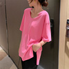 韩国版型设计纯棉简约百搭大领口，宽松中长款纯色短袖t恤衫女夏装