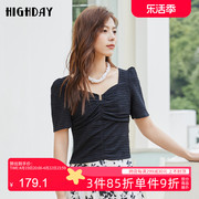 highday轩日夏季法式方领泡泡袖，上衣女设计感褶皱，纹理黑色短袖t恤