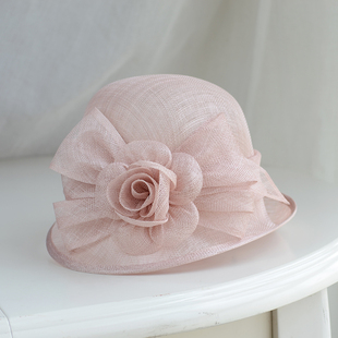 优雅麻纱帽子女士春夏季花朵，复古短檐装饰宴会，礼帽凉帽卷边遮阳帽