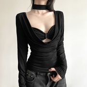 kliou甜酷慵懒风黑色吊带，小背心外搭荡领修身显瘦长袖t恤两件套