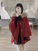 小香风独特设计感毛呢外套，2024年百搭斗篷红色，呢料毛领上衣女