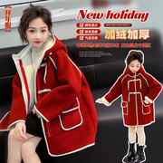 女童中国风红色毛呢大衣儿童中呢子加绒加厚盘扣外套洋气拜年衣服