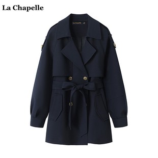 拉夏贝尔/La Chapelle秋季复古高级感藏青色双排扣风衣外套女