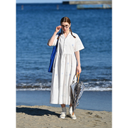 UNRETRO 法式复古印花白色连衣裙女小个子夏季收腰短袖长款衬衫裙