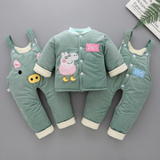 男女宝宝婴儿棉衣袄三件套装加厚0-1岁半3个月6双背带裤秋冬季装9