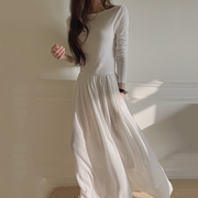 韩版chic简约纯色雪纺拼接长袖，白色连衣裙女春款超仙气质飘逸长裙
