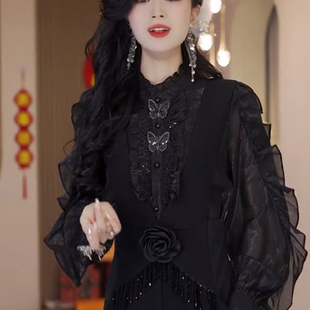 法式欧货高品质雪纺衬衫小众设计黑色显瘦名媛气质立体蝴蝶上衣女