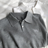 韩版通勤 刺绣棉针织衫春季polo领两扣套头长袖薄款上衣灰色小衫