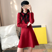 韩版针织连衣裙女秋冬季2022酒红色小个子高腰A字显瘦毛衣裙