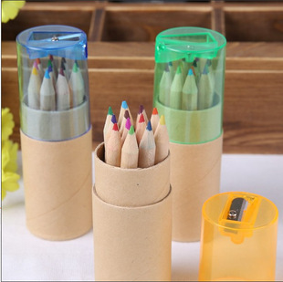 12色牛皮纸筒彩色铅笔带削笔工具绘画笔涂色笔原木色彩铅儿童