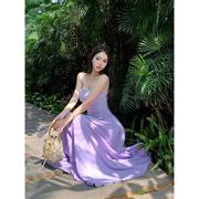 法式紫色拼接吊带连衣裙女夏季气质高级感高腰，显瘦海边度假大摆裙