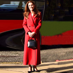 2023秋冬凯特王妃英伦风双排扣显瘦过膝长款毛呢通勤大衣外套红色