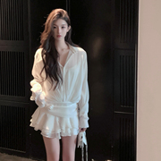 FairyJiang夏季白色衬衫连衣裙收腰绑带蛋糕裙短裙含吊带背心