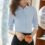 中袖衬衫女七分袖工作服气质暗扣正装夏季工装蓝色竖条纹白衬衣寸