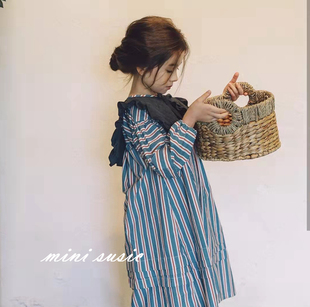 100-145韩国高端童装女童蓝白红竖条纹，长袖连衣裙
