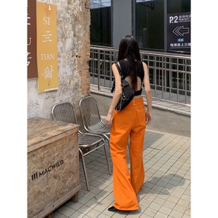MilkyCoast 荧光橙色直筒裤高腰牛仔裤女自制设计感橘色微喇裤女