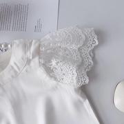 女童白色雪纺衫夏季蕾丝，小飞袖衬衫上衣中小童女，宝宝圆领公主t恤