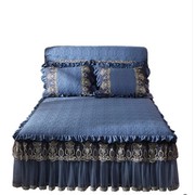 冬季加厚床裙三件套宝蓝色床罩防滑蕾丝1.8m保护套防尘罩加棉