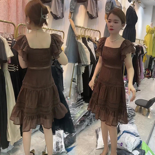 网红雪纺时尚连衣裙，女2023年夏季韩版显瘦方领压褶裙子潮