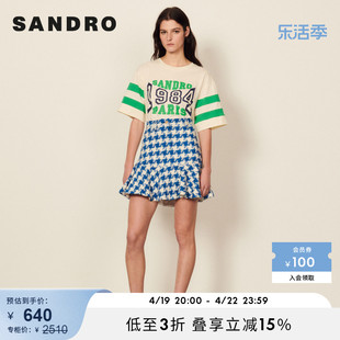 SANDRO Outlet女装初春法式千鸟格百褶蓝色短裙半身裙SFPJU00613