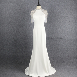 白色晚礼服女钉珠短袖鱼尾大摆气质显瘦仙女裙，主持人婚礼写真长裙