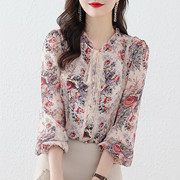 品牌1179优雅气质，韩版蕾丝系带，复古印花衬衫女式雪纺衫