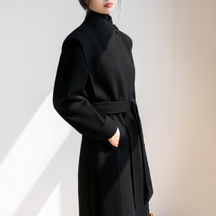 赫本风黑色中式盘扣双面，羊绒羊毛大衣女冬设计感手工立领毛呢外套