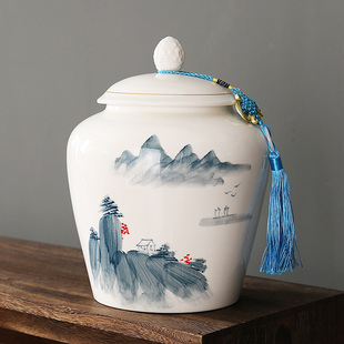 手绘将军陶瓷茶叶罐大号2斤装密封储存防潮罐散装普洱红绿茶空盒