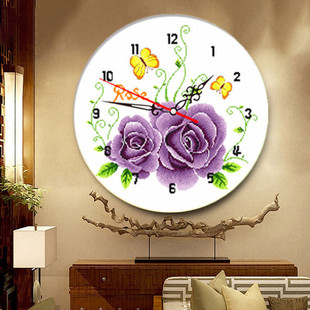 蒙娜丽莎印花十字绣花开富贵紫韵玫瑰钟表小幅客厅，卧室圆形钟