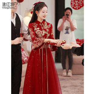 中式新娘敬酒服旗袍高级感2024结婚晚礼服冬季孕妇连衣裙订婚