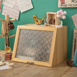zakka实木桌面收纳盒茶具翻盖玻璃化妆品香水木制防尘展示柜高级