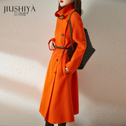 橘色双面羊毛大衣女，冬季橙色立领中长款腰带，高端外套品牌