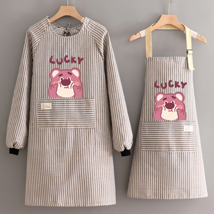 棉麻围裙长袖大人日系厨房做饭罩衣女工作服上班耐磨防污棉布透气