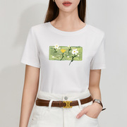 白色t恤女2024春夏女装卡通花卉印花短袖棉体恤气质收腰上衣