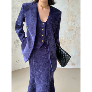 WANGXO紫色三件套装女2024春季马甲背心西装外套高腰半身裙子