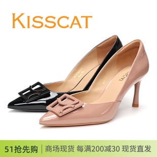 kisscat接吻猫2024春款细高跟漆，牛皮中空尖头方扣女鞋高跟鞋单鞋