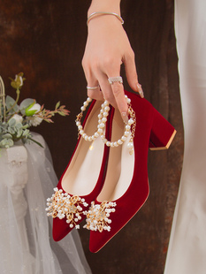 中式婚鞋女粗跟红色结婚鞋孕妇可穿婚纱，秀禾服两穿不累脚新娘鞋子
