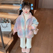 女童羊羔绒外套冬季2023儿童洋气韩版加绒加厚冬装彩色毛毛衣