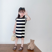女童洋气宽条纹连衣裙，2023韩版夏季薄款小女孩，时尚针织背心裙