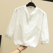 纯棉白色衬衫女七分袖夏季甜美v领刺绣花衬衣镂空蕾丝上衣仙