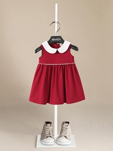 2023夏新伯米吉女童宝宝红色，可爱公主背心，娃娃领连衣裙生日礼服裙