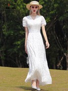 帝弗润驰2023夏法式白色蕾丝连衣裙气质V领修身女神范长裙仙