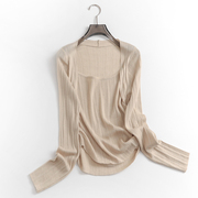 X855纯色显瘦修身褶皱假两件圆领打底衫秋季2023长袖女针织衫